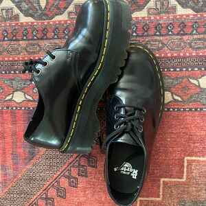 Dr. Martens Shiny Black Oxfords with Yellow Stitching platform